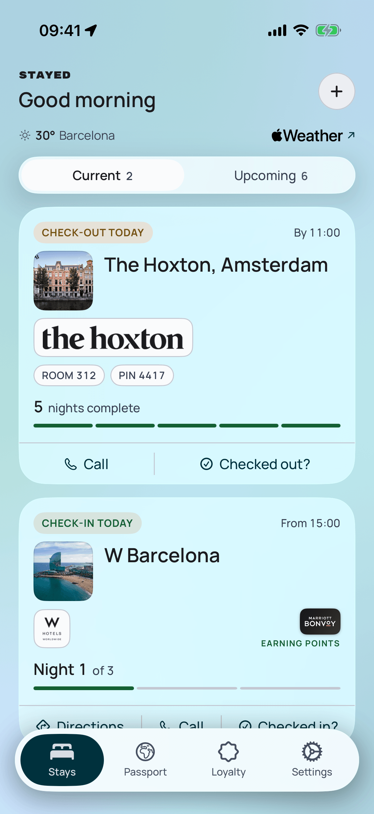 The Stays screen on a hop day: checking out of The Hoxton, Amsterdam by 11:00 with five nights complete, and into W Barcelona from 15:00, night one of three, earning points.