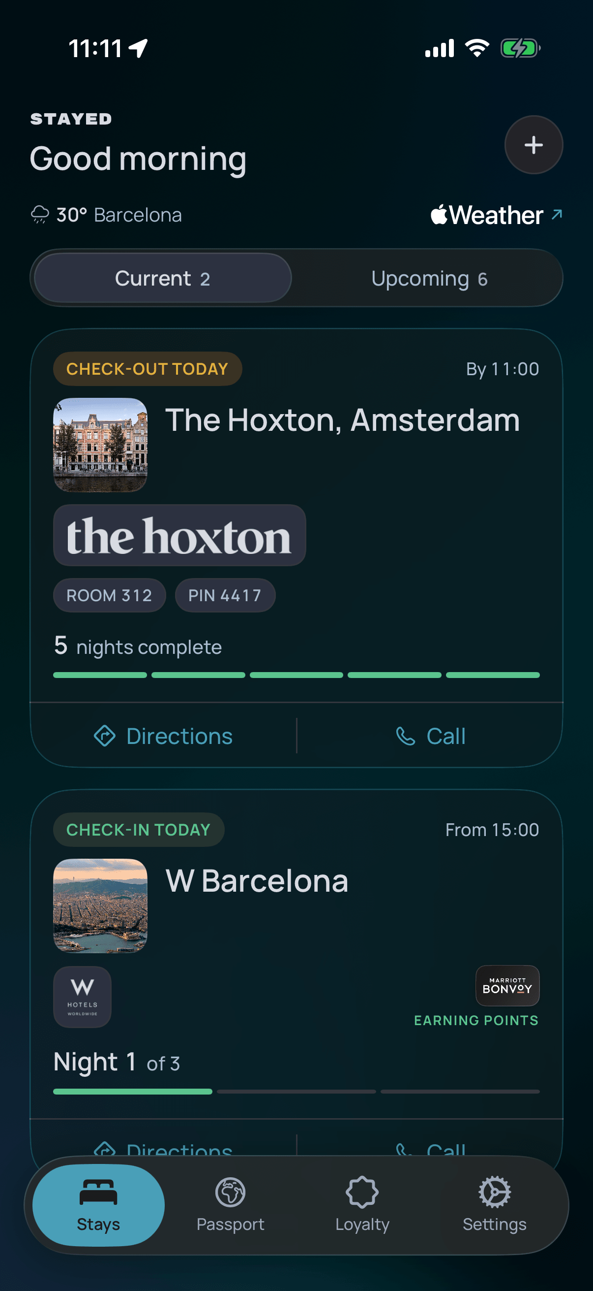 The Stays screen on a hop day: checking out of The Hoxton, Amsterdam by 11:00 with five nights complete, and into W Barcelona from 15:00, night one of three, earning points.