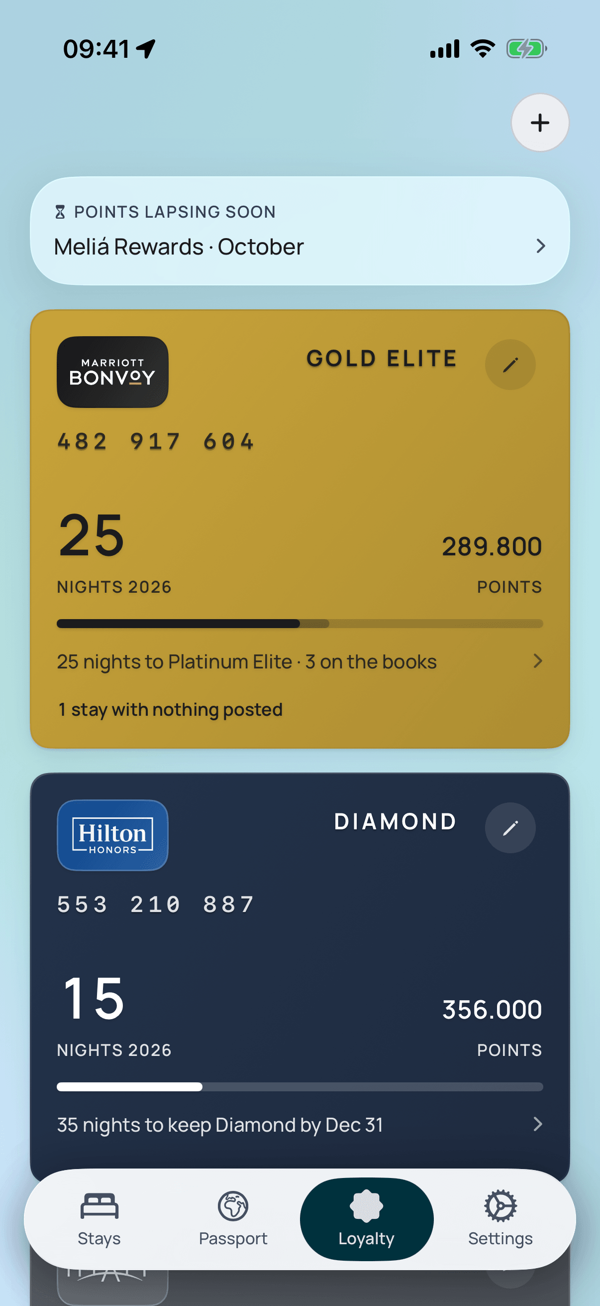 The Loyalty wallet: two programme cards showing nights counted this year and the nights left to keep each tier, one of them due by 31 December.