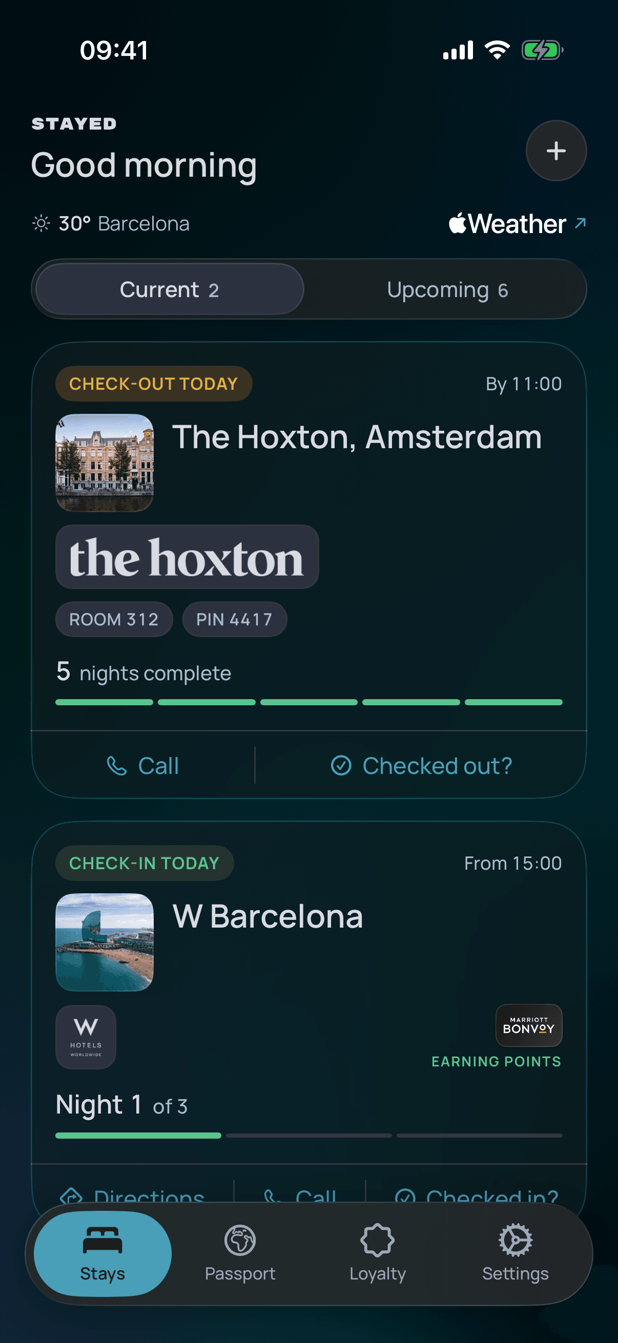 The Stays screen on a hop day, with check-out from The Hoxton Amsterdam and check-in at W Barcelona both visible.