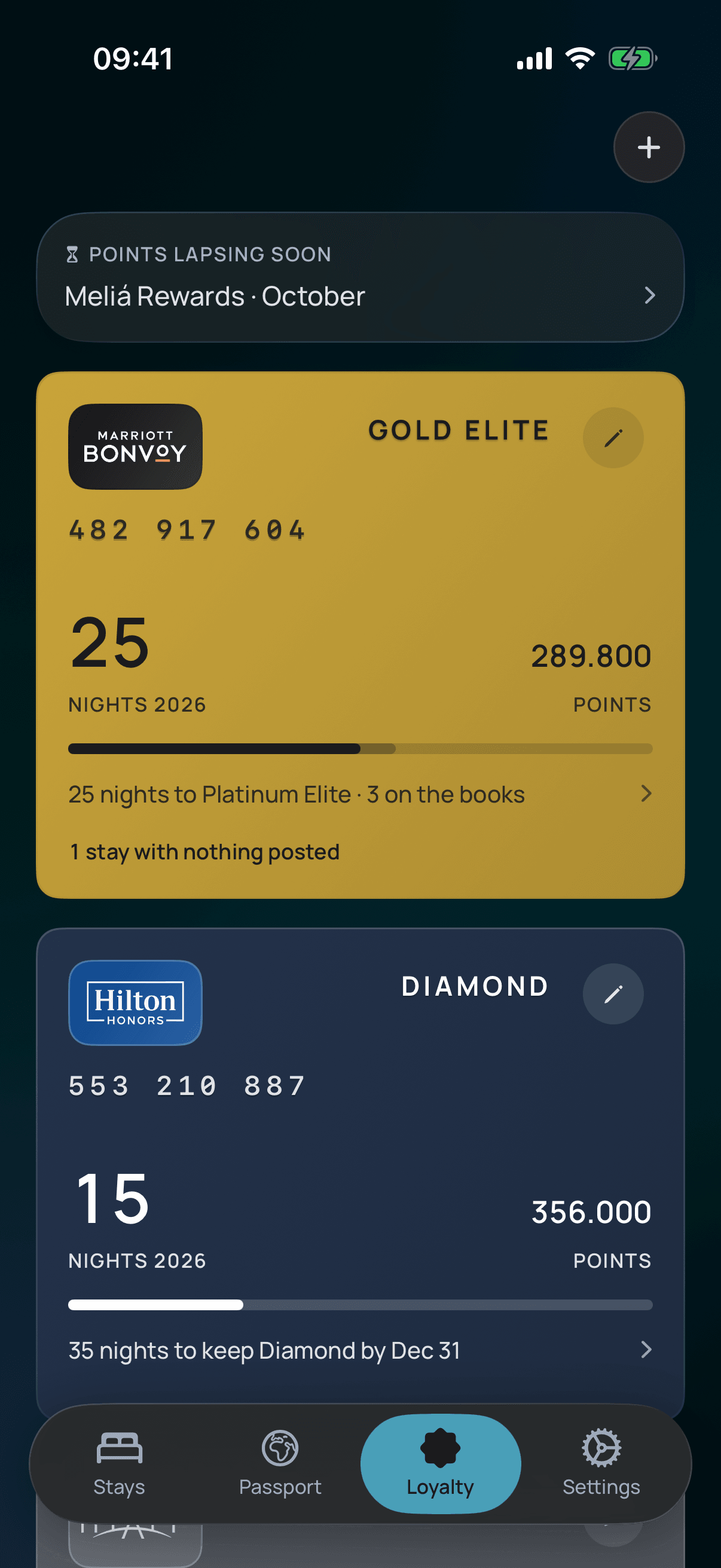 The Loyalty screen showing programme keycards, qualifying nights and the nights remaining to keep each tier.