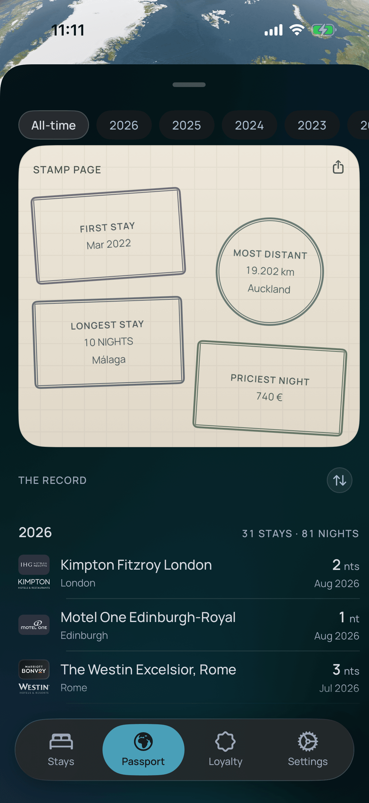 The stamp page: first stay, most distant, longest stay and priciest night stamped on a passport page, above the year's ledger of stays.
