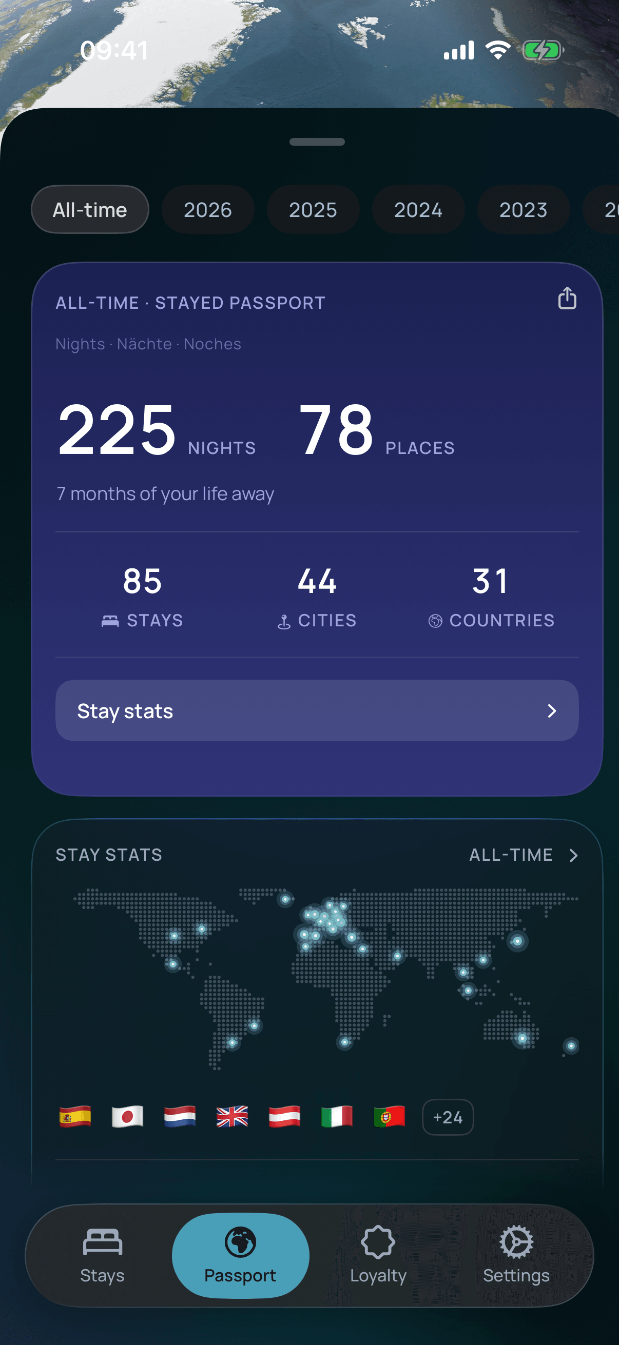 The Passport screen showing a globe of visited places and totals for nights, stays, cities and countries.