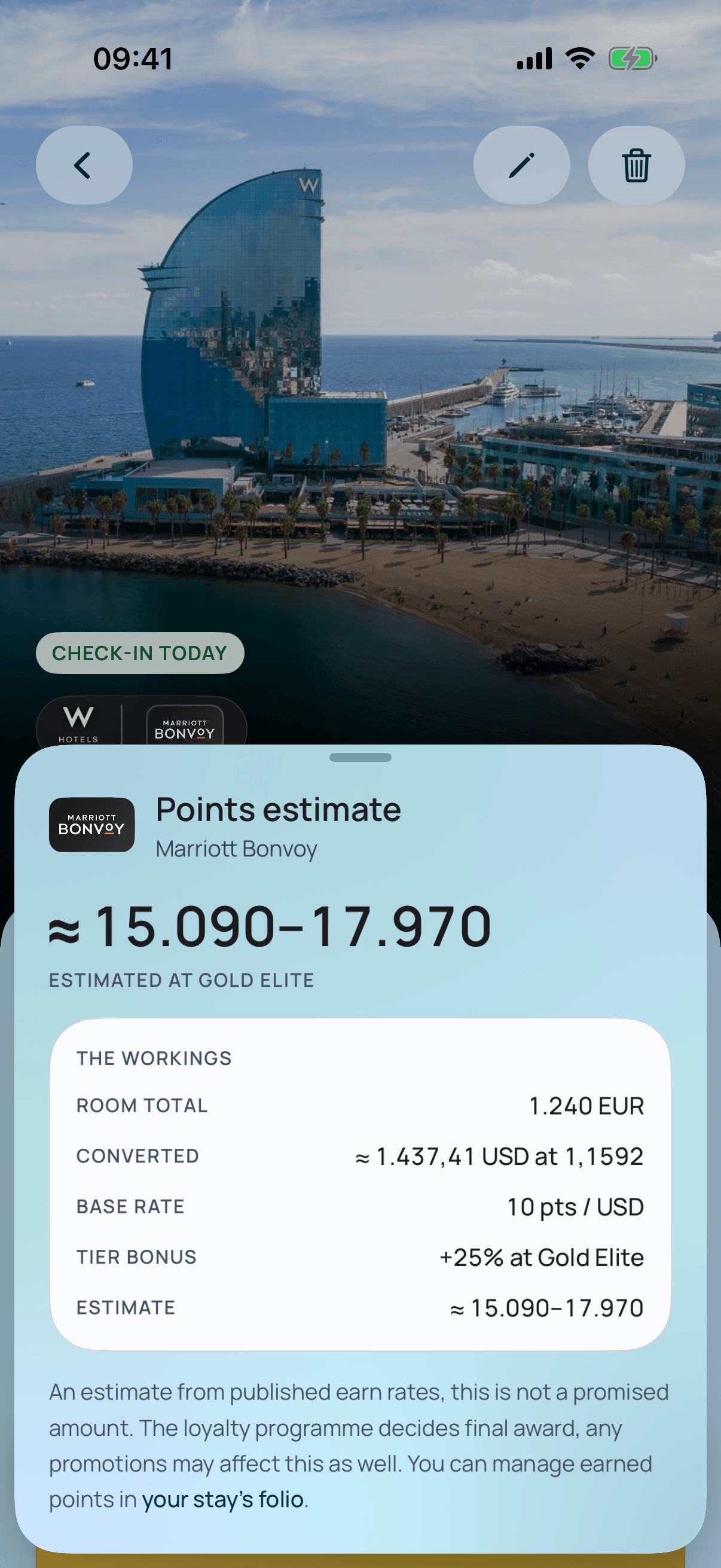 The Stayed estimate screen showing a points range and the room total, conversion rate, base rate and tier bonus behind it.